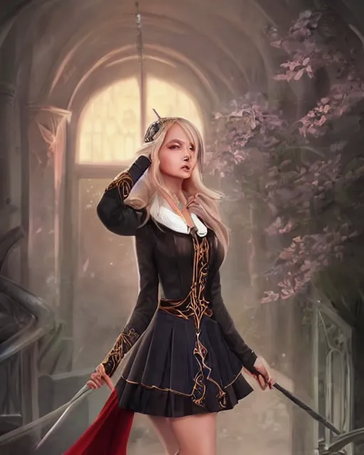 Image similar to a beautiful female dark magic academy school uniform, 8 k, hyperrealistic, hyperdetailed, full body pose, fantasy portrait by laura sava