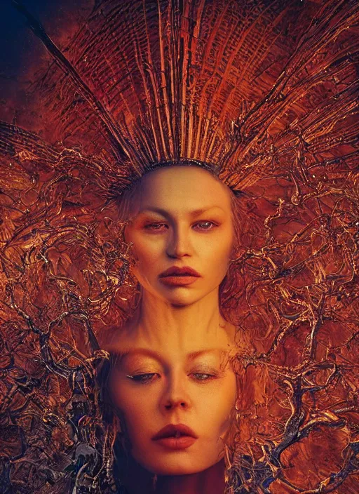 Prompt: photoshoot by david lachapelle with BADASS FILTERS AND EFFECTS EFFECTS, FEATURED ON CG SOCIETY, CGI, HYPER REALISTIC VFX SIMULATION of THE QUEEN OF THE SUN BY ZDZISŁAW BEKSIŃSKI, INCREDIBLY HIGHLY INTRICATELY DETAILED 3D OCTANE RENDER