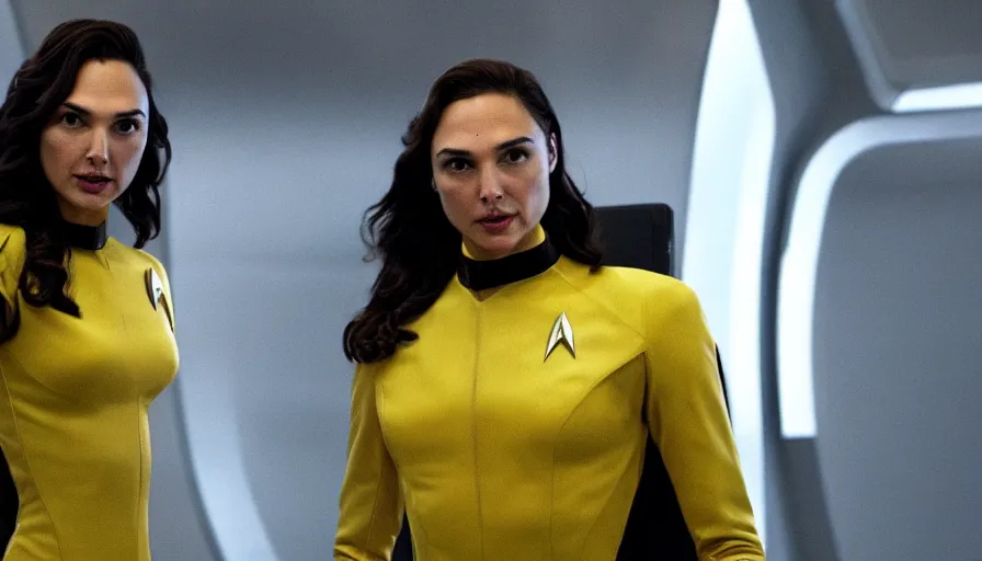 Image similar to Gal Gadot, wearing a yellow uniform, is the captain of the starship Enterprise in the new Star Trek movie