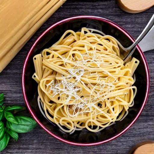 Image similar to a bowl of pasta on a picnic table