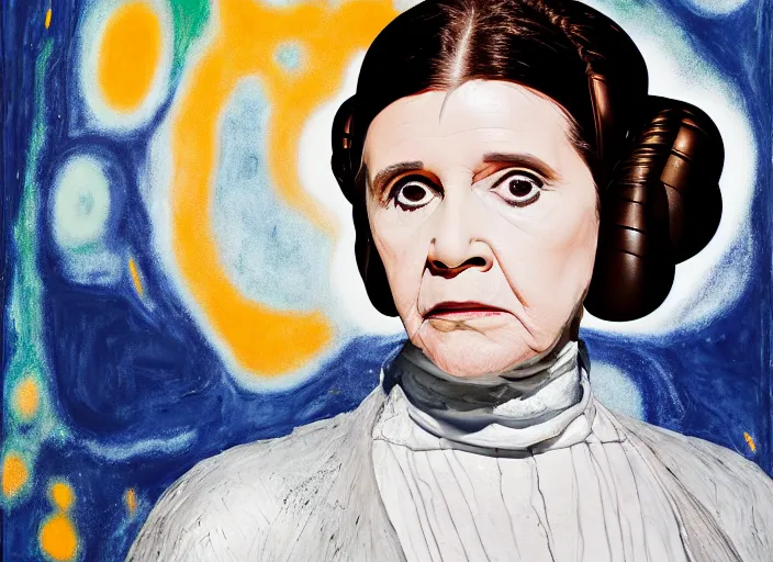 Image similar to portrait of princess leia, by vincent lefevre and hernan bas and pat steir and hilma af klint, psychological, photorealistic, dripping paint, washy brush, rendered in octane, altermodern, masterpiece