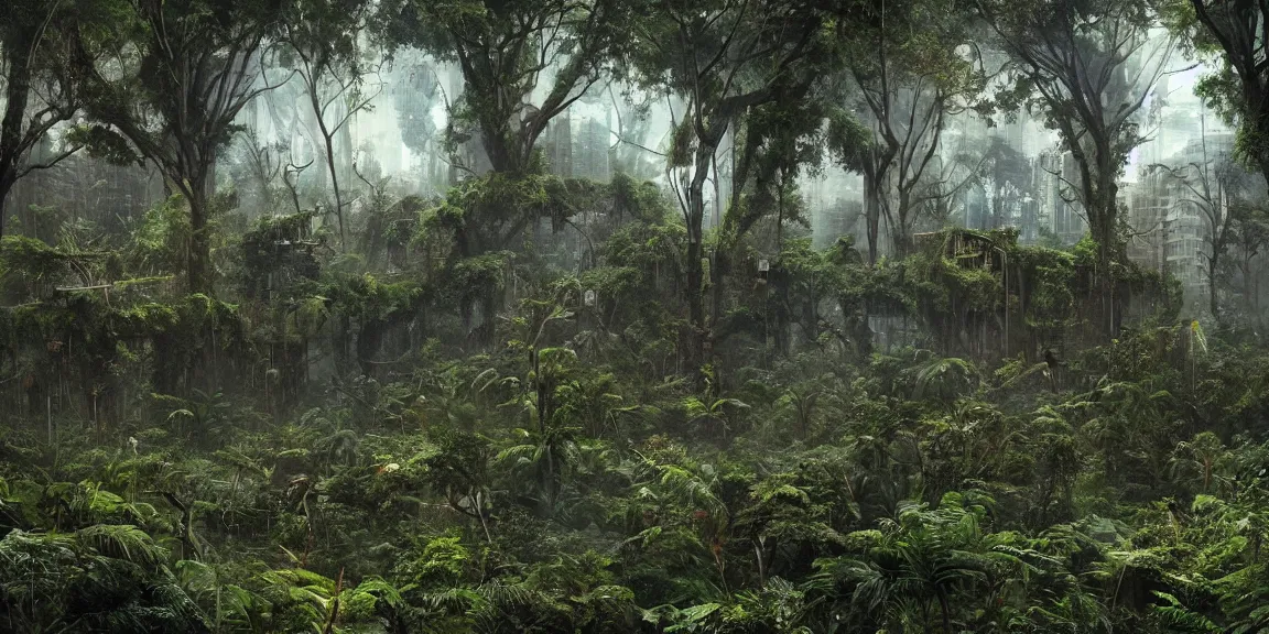 Prompt: An overgrown, swampy Sao Paulo. Buildings covered in vines, gigantic tropical rainforest trees and ferns from the ground. Crumbled ruins of skyscrapers and other buildings in a post-apocalyptic world. Life after People. Trending on Artstation, deviantart, worth1000. By Greg Rutkowski. National Geographic and iNaturalist HD photographs