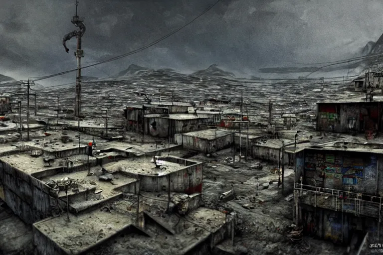 Image similar to favela winding cybernetic thrill ride, bleak arctic environment, industrial factory, somber, apocalyptic, award winning art, epic dreamlike fantasy landscape, ultra realistic,