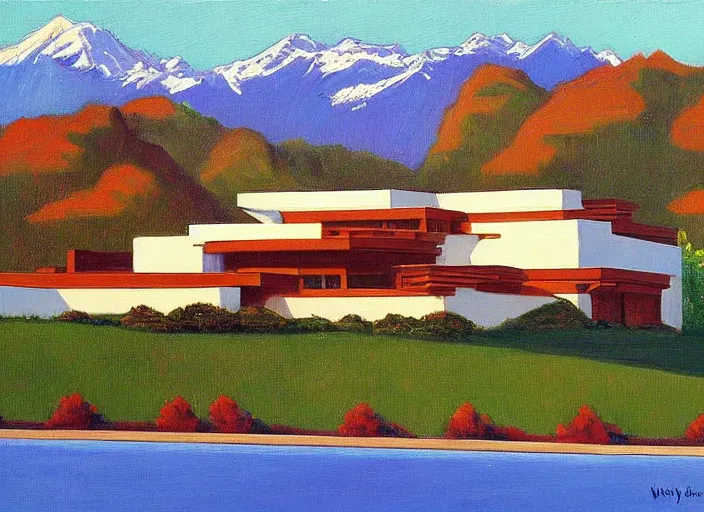 Prompt: painting of a frank lloyd wright house in front of beautiful mountains by wayne thiebaud