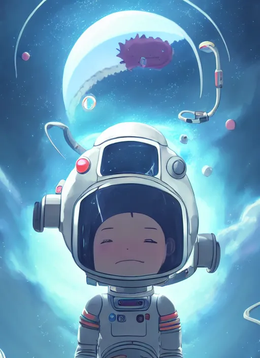 Prompt: portrait of cute kawaii astronaut android floating around a large biomechanical kaiju dragon, nebulous background of dynamic space, a dramatic composition by wlop and greg rutkowski and makoto shinkai and studio ghibli and kyoto animation cute bubbly clothing