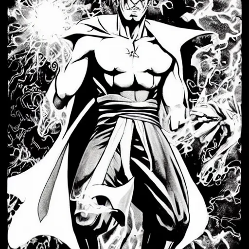 Image similar to pen and ink!!!! attractive 22 year old Dr. Strange Gantz monochrome!!!! Frank Zappa x Ryan Gosling highly detailed manga Vagabond!!!! telepathic floating magic swordsman!!!! glides through a beautiful!!!!!!! battlefield magic the gathering dramatic esoteric!!!!!! pen and ink!!!!! illustrated in high detail!!!!!!!! graphic novel!!!!!!!!! by Hiroya Oku!!!!!!!!! and Frank Miller!!!!!!!!! MTG!!! award winning!!!! full closeup portrait!!!!! action manga panel