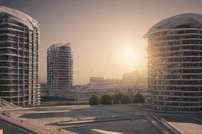 Prompt: photorealistic architectural visualization corona render, building in brutalism, straight lines and correct perspective, by hight-tec style Zaha Mohammad Hadid, on sunset background, 4k render