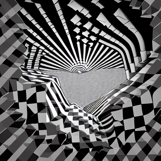 Image similar to A black and white freemasonic chequered surrealist digital painting of a stairway to into the clouds in the art style of jeff koons, Gilbert williams, Edwin Frederic Church and Christopher Balaskas, trending on artstation, 4k UHD