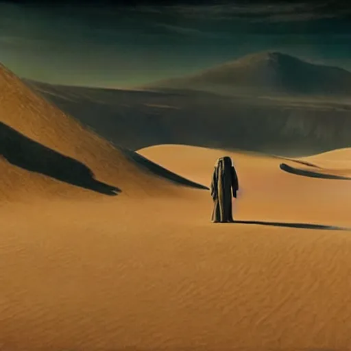 Prompt: colour aesthetic highly detailed photography scene from dune ( 2 0 2 1 ) by denis villeneuve and gregory crewdson style with hyperrealistic highly detailed faces. many details by andrei tarkovsky and caravaggio in sci - fi style. volumetric natural light hyperrealism