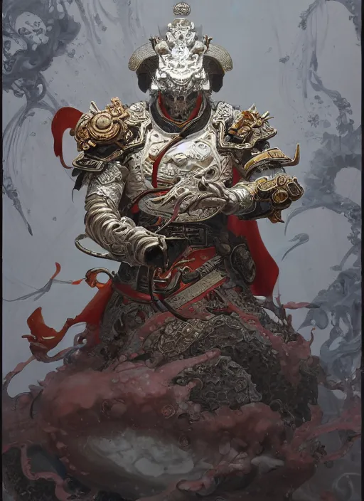 Image similar to subsurface scattering, white, koi, samurai deity with filigree chitin armor, by jesper ejsing, james jean, justin gerard, tomasz alen kopera, cgsociety and fenghua zhong, highly detailed, rim light, cinematic lighting, illustration, art, octane render, very coherent, cinematic, hyper realism, high detail, 8 k