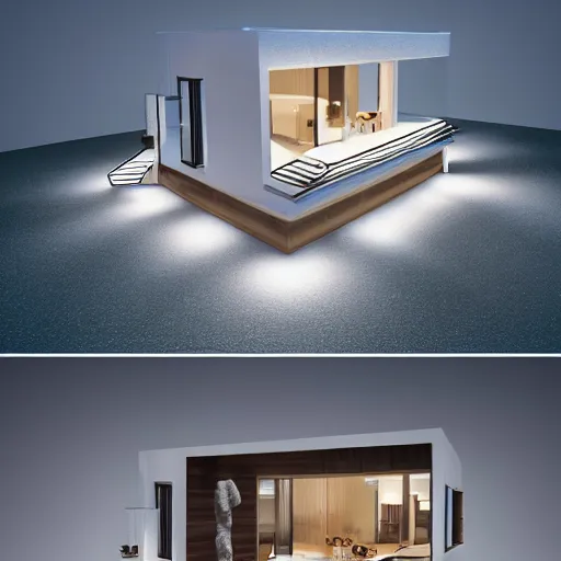 Image similar to crystal ball with mini modern house with led strip lights inside it, octane render hyperdetailed,