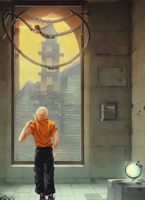 Image similar to highly detailed krillin standing outside building with a window with metal bars and naruto uzumaki with black hair behind them art by greg rutkowski, loish, rhads, ferdinand knab, makoto shinkai and lois van baarle, ilya kuvshinov, rossdraws, tom bagshaw, global illumination, radiant light, detailed and intricate environment