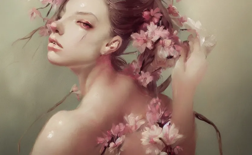 Image similar to a painting of a nymph 🌸🌸🌸 trending on artstation in the style of greg rutkowski, sensuality, fashion