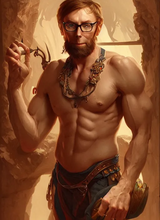 Image similar to portrait of stephen merchant, d & d, muscular! fantasy, intricate, elegant, highly detailed, digital painting, artstation, concept art, smooth, sharp focus, illustration, art by artgerm and greg rutkowski and alphonse mucha