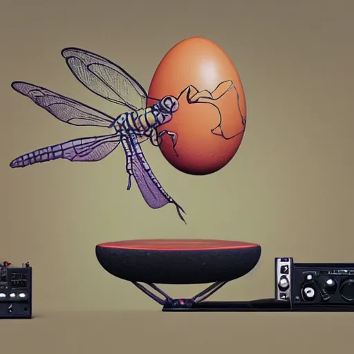 Image similar to surreal gouache painting, by yoshitaka amano, by ruan jia, by Conrad roset, by good smile company, detailed anime 3d render of big transparent resin stone in the center of the screen with a magical dragonfly inside. dragonfly inside an egg, egg on the mixer, Surrounded by a big DJ Mixer, Controller deck, portrait, cgsociety, artstation, rococo mechanical and Digital and electronic, dieselpunk atmosphere