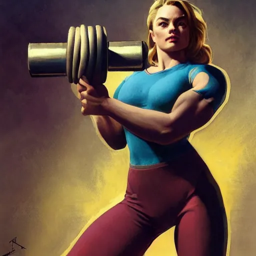 Image similar to socialist realism propaganda poster of margot robbie as beautiful female very muscular weightlifter from overwatch, portrait, profile picture, socialist realism, highly detailed, intricate, digital painting, artstation, sharp focus, illustration, art by jakub rozalski, greg rutkowski, artgerm, tan zi and ayanamikodon and alphonse mucha and wlop