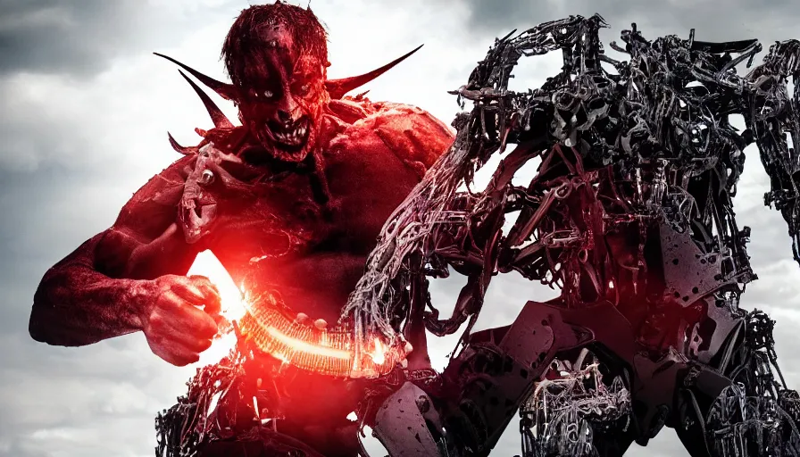 Prompt: Big budget movie about descarte's evil demon ripping out a cyborg's spine