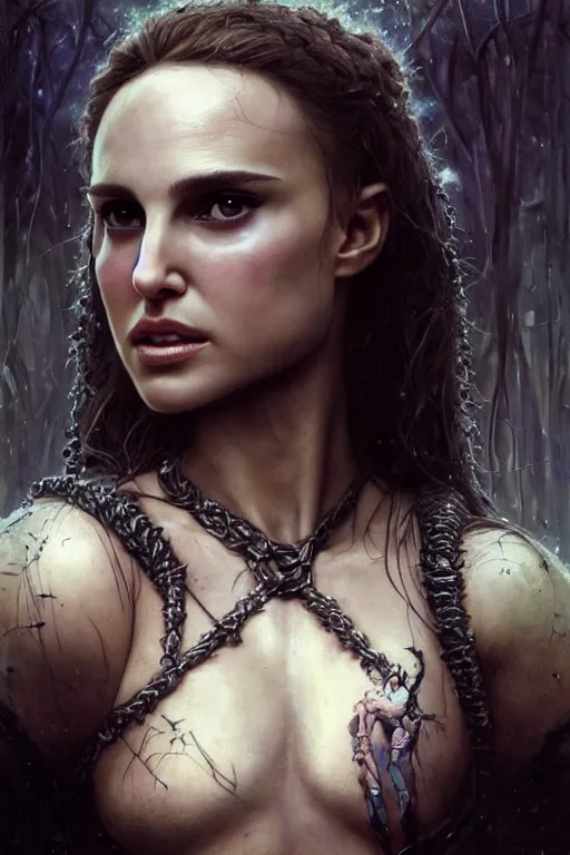 Image similar to young natalie portman, ultimate warrior, fighter, lord of the rings, tattoos, decorative ornaments, battle armor, omar ortiz, carl spitzweg, ismail inceoglu, vdragan bibin, hans thoma, greg rutkowski, alexandros pyromallis, perfect face, detailed, sharply focused, centered, rule of thirds, photorealistic shading