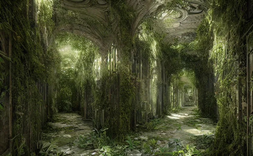 Image similar to Overgrown hallway, immaculate scale, matte painting, digital art, trending on Artstation, hyper-realistic, detailed, ultra detailed