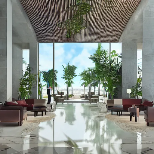 Prompt: realistic luxury hotel lobby interior in miami with pools in the background, corona render, detailed, symmetrical, minimal, clean, vegetation, herzog and de meuron