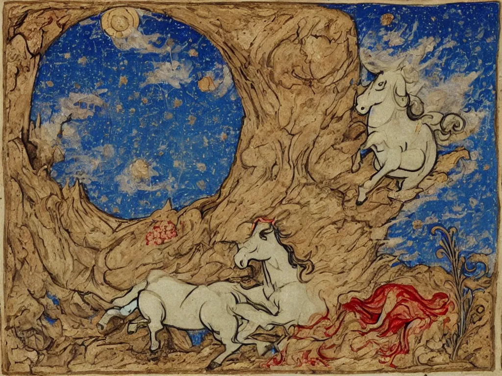 Image similar to Man pushing a giant strange jagged boulder. Unicorn with flower field, icy mountains, comet. Illuminated medieval manuscript painting.