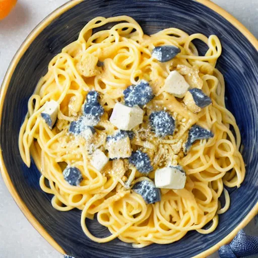 Image similar to a professional photo of blue moon pasta with moon chunks