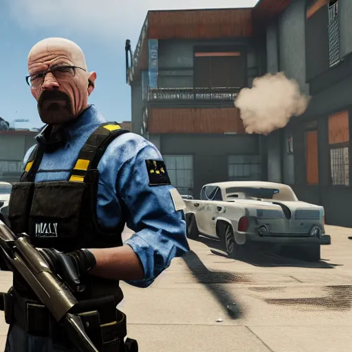 Image similar to walter white holding a macchine gun as a rainbow six siege operator, 4 k, highly detailed