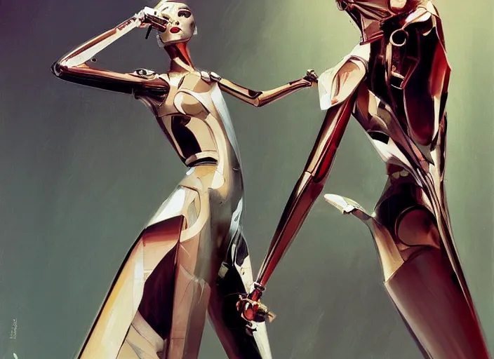 Image similar to feminine domme cyborg, full body, high fashion, futurism, aerodynamic, flowing, intricate, slick, highly detailed, digital painting, vogue, concept art, smooth, sharp focus, hd, art by syd mead and john berkey and annie leibovitz