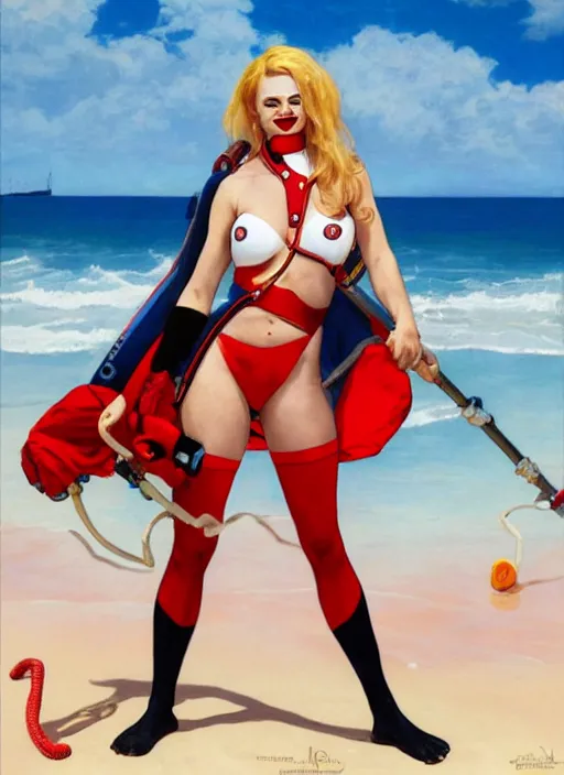 Image similar to portrait Harley Quinn as sea lifeguard on the beach, full length shot, shining, 8k highly detailed, sharp focus, illustration, art by artgerm, mucha, bouguereau