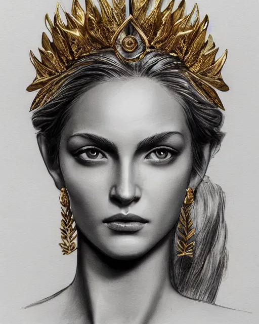 Image similar to front view of beautiful super model aphrodite greek goddess wearing a gold laurel wreath and triangle earrings, realism tattoo sketch, beautiful piercing gaze with sharp pupils, beautiful blonde hair, in the style of greg rutkowski, fantasy, amazing detail, epic, elegant, smooth, sharp focus