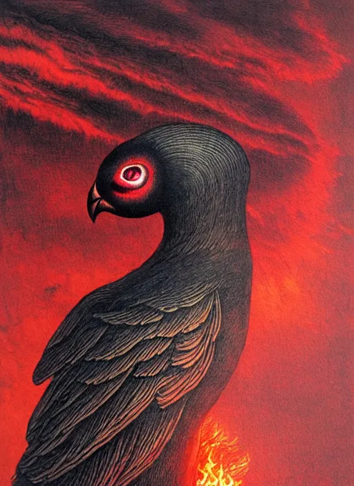 Image similar to a side view of spirit of chthonic demonic pigeon with red eyes, on background red lake on fire, highly detailed, art by Ayami Kojima, Beksinski, Giger