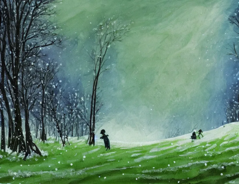 Prompt: lush green chia pet frolicking in snowy woods, stormy skies. russian fairytale art, gouache, dynamic composition, backlighting