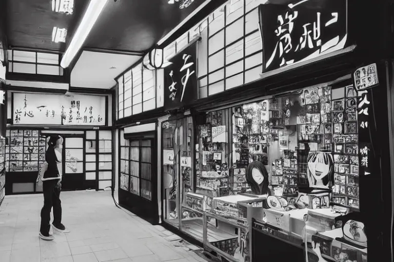 Prompt: still photo of a japanese street anime shop, black and white color aesthetic, highly detailed, photorealistic portrait, bright studio setting, studio lighting, crisp quality and light reflections, unreal engine 5 quality render