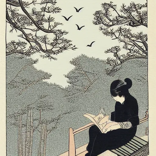 Prompt: a person sitting on a bench reading a book at night, a storybook illustration by steve brodner, deviantart, ukiyo - e, storybook illustration, photo, woodcut