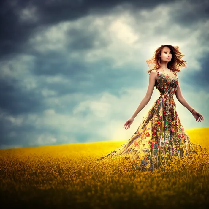 Prompt: photo of a very beautiful!! woman on intricate dress in an endless heavenly meadow, 8 k, hdr, smooth, sharp focus, high resolution, award - winning photo, trending on artstation, dslr, 5 0 mm