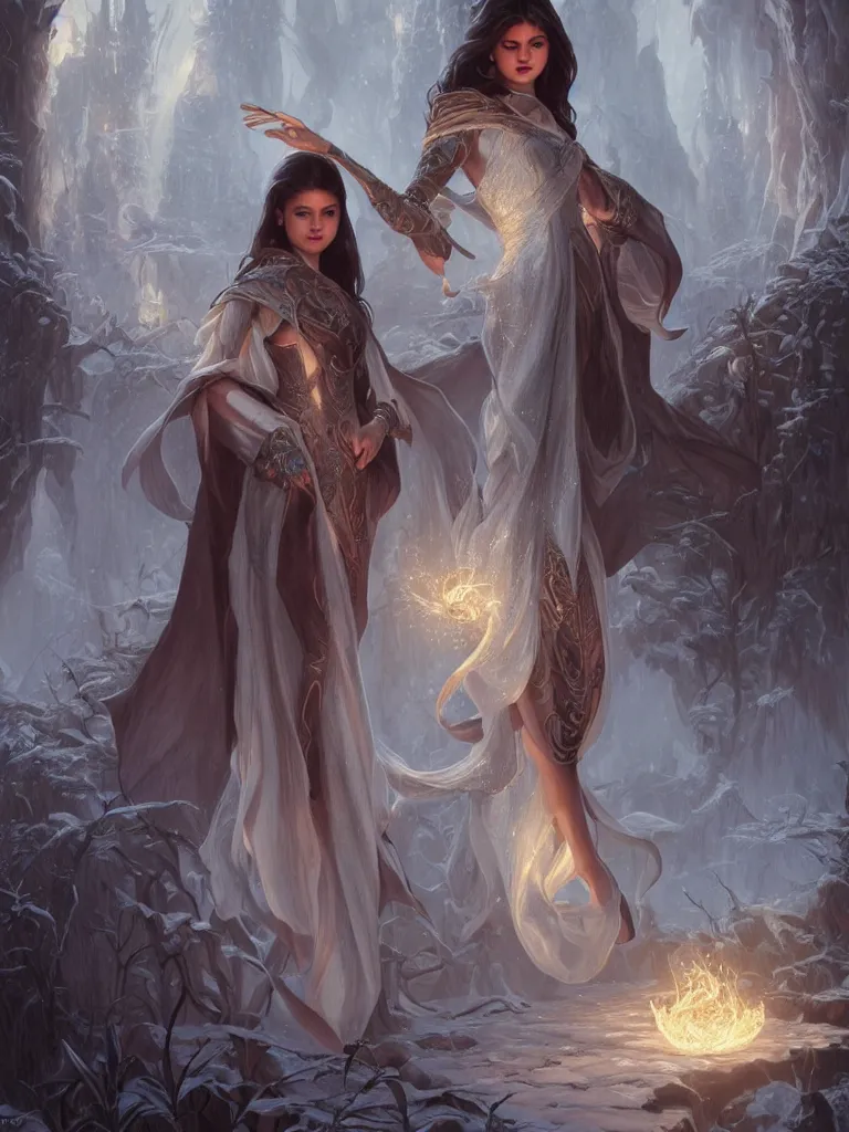 Image similar to Selena Gomez casting an frost spell, D&D, fantasy, intricate, elegant, highly detailed, digital painting, artstation, concept art, matte, sharp focus, illustration, hearthstone, art by Artgerm and Greg Rutkowski and Alphonse Mucha