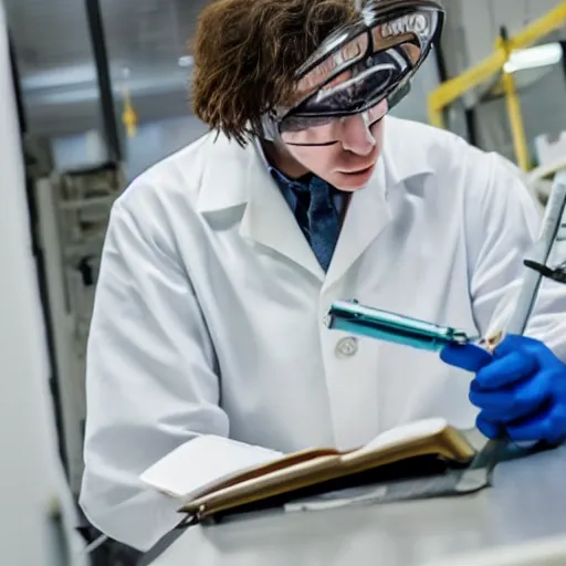 Image similar to mothman, wearing a labcoat, in a lab, writing on a clipboard