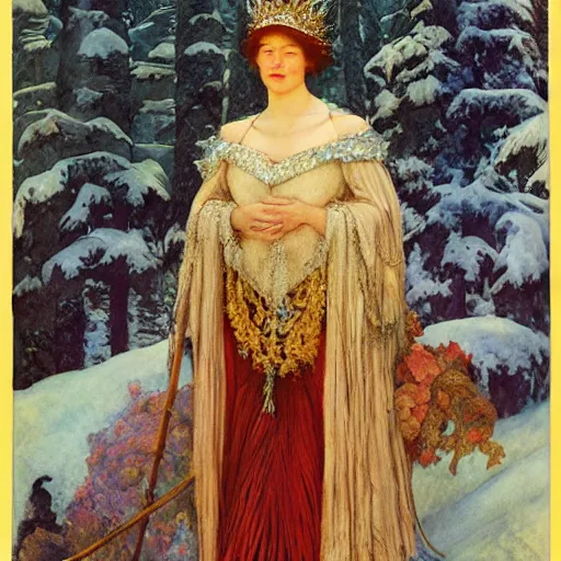 Prompt: the queen of the winter in full regalia, by Annie Swynnerton and Diego Rivera and Tino Rodriguez and Maxfield Parrish, elaborately costumed, rich color, dramatic cinematic lighting, extremely detailed