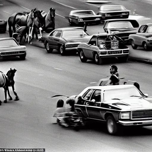 Image similar to horses racing against cars in a heated race in 1975, shot from a Pulitzer winning photography