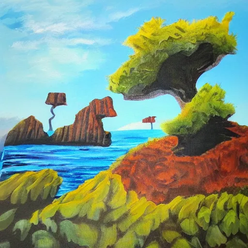 Image similar to rough acrylic painting of a lush natural scene on an alien planet by caroline degroiselle. beautiful landscape. weird vegetation. cliffs and water.