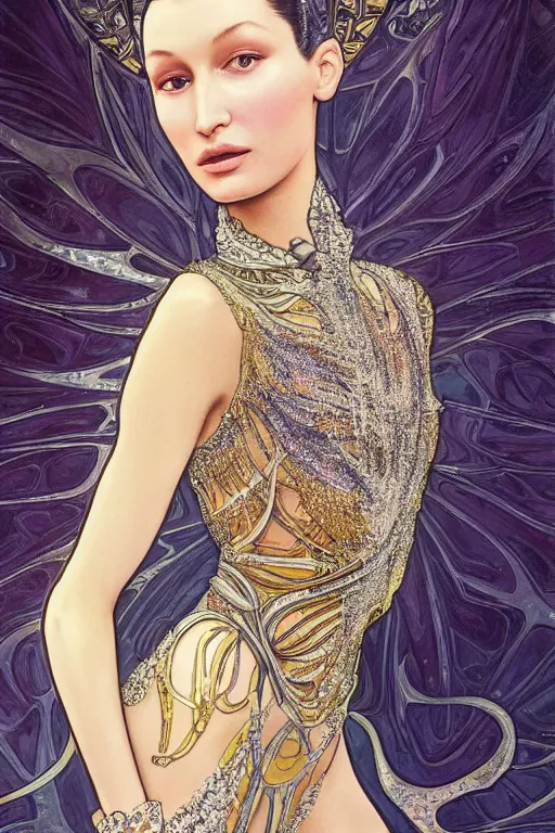 Image similar to a highly detailed painting of a beautiful alien goddess bella hadid in iris van herpen dress schiaparelli in diamonds in style of alphonse mucha art nuvo trending on artstation