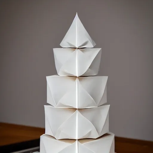 Image similar to minimalist wedding origami concept cake photorealistic in kitchen by amaury guichon