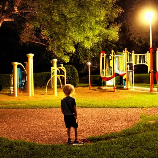 Prompt: a park, with a playground at night with a ghost boy