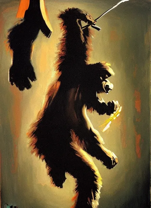 Image similar to raging bigfoot, smoking meth, painting by phil hale, fransico goya, david lynch,'action lines '!!!, graphic style, visible brushstrokes, motion blur, blurry