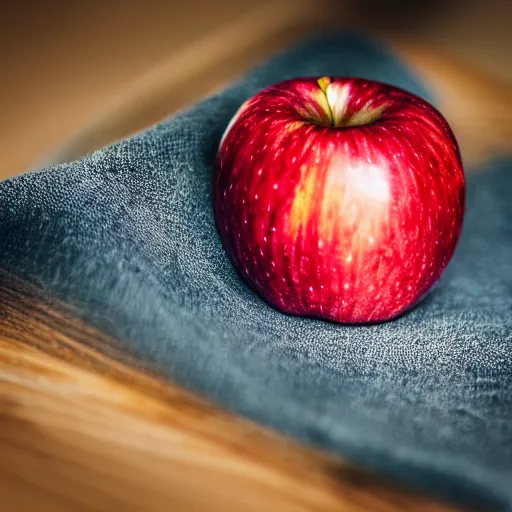 Prompt: close up image of a apple slice with bokeh bacground of cutting board and apple