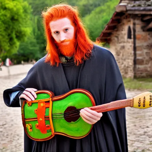 Prompt: handsome man with red hair, mischievous expression, bright green eyes, green cloak, playing a lute, small medieval village in the background, hyperrealism, annie liebovitz photography, nikon 5 0 mm, 8 k