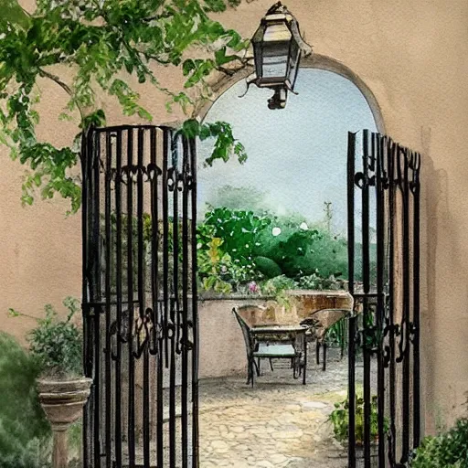 Image similar to delicate, chairs, garden, paved, botanic watercolors oils, iridescent, 8 k, realistic shaded, fine details, artstation, italian, iron gate, tree, mediterranean