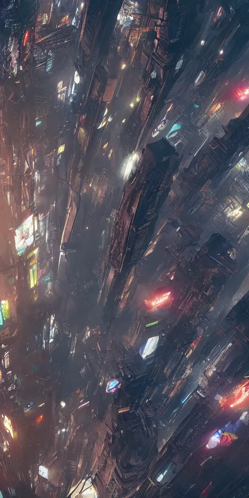 Prompt: enormously detailed photo art of parachutes flying on cyberpunk city, high fantasy matte painting, atmospheric lighting, highly detailed illustration highlights, 8K detail post-processing, featured on DeviantArt, trending on cgsociety