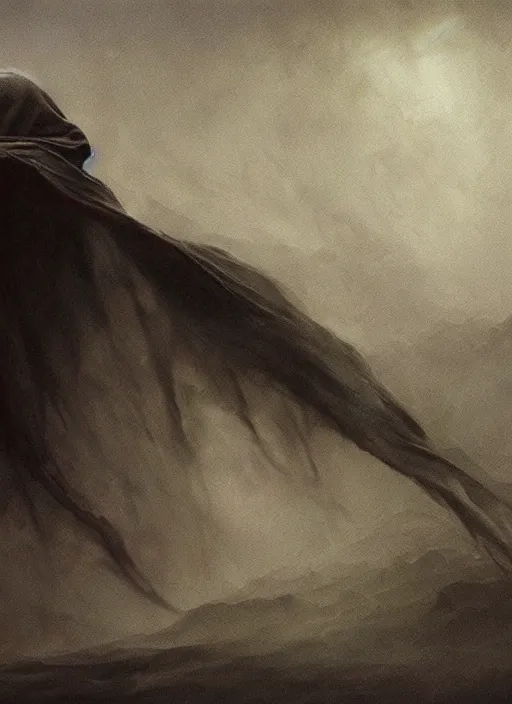 Prompt: dementor. draped in dark sheet. dark colors. menacing. haunting. frightening. close up. trending on artstation. award winning. artgem. greg rutkowski. beksinski. extremely detailed. 4 k.