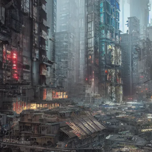 Image similar to photograph of a dystopian city, cyberpunk style, inspired by kowloon walled city, render, octane render, unreal engine, 4 k, dramatic composition